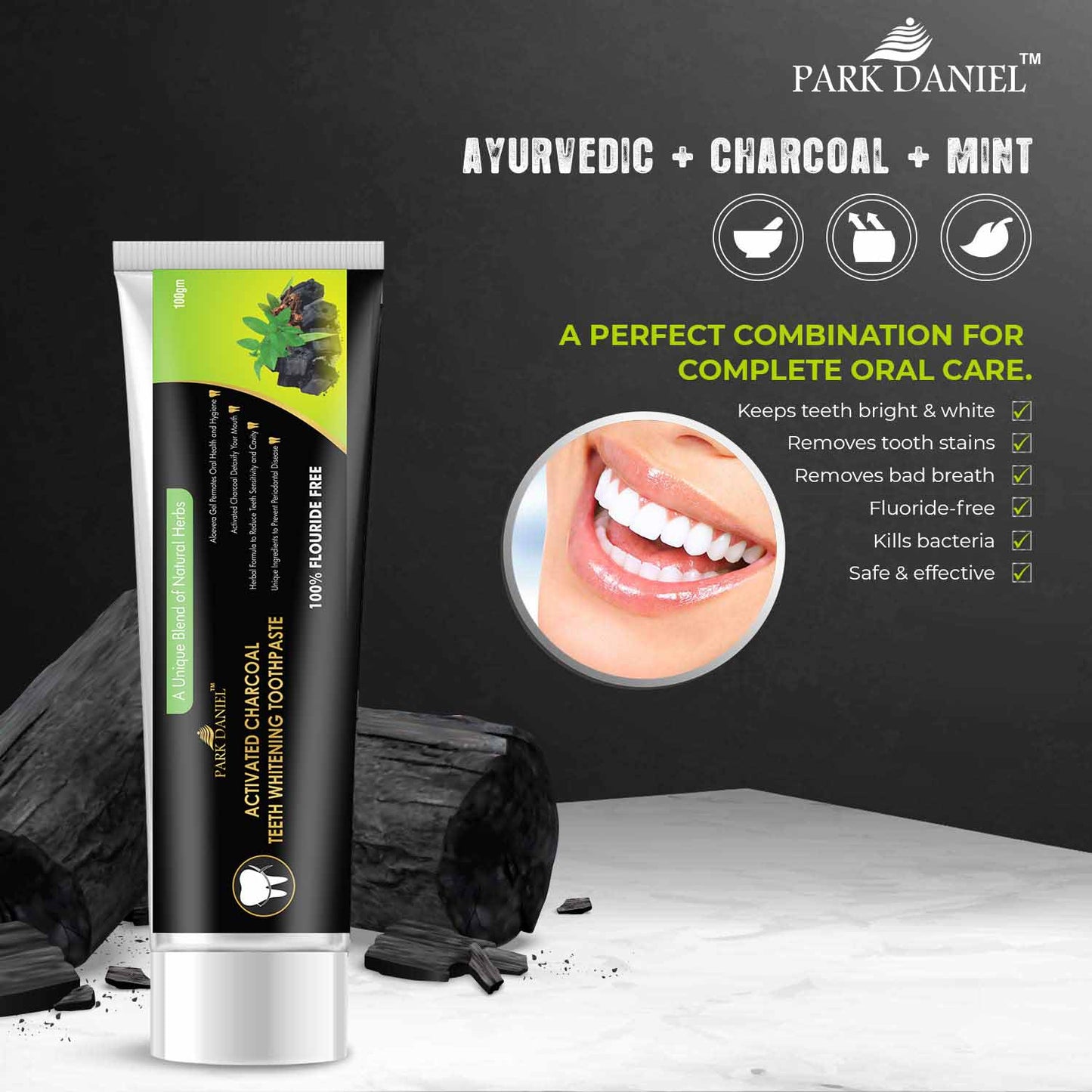Park Daniel Natural Bamboo Wooden ECO Friendly Charcoal Toothbrush & Activated Charcoal Teeth Whitening Toothpaste (100gm) & Activated Charcoal Tooth Powder (50gms) (Pack of 3)