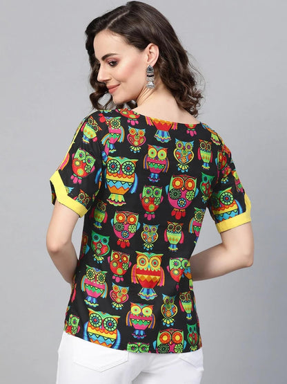 PANNKH Black Owl Print Top