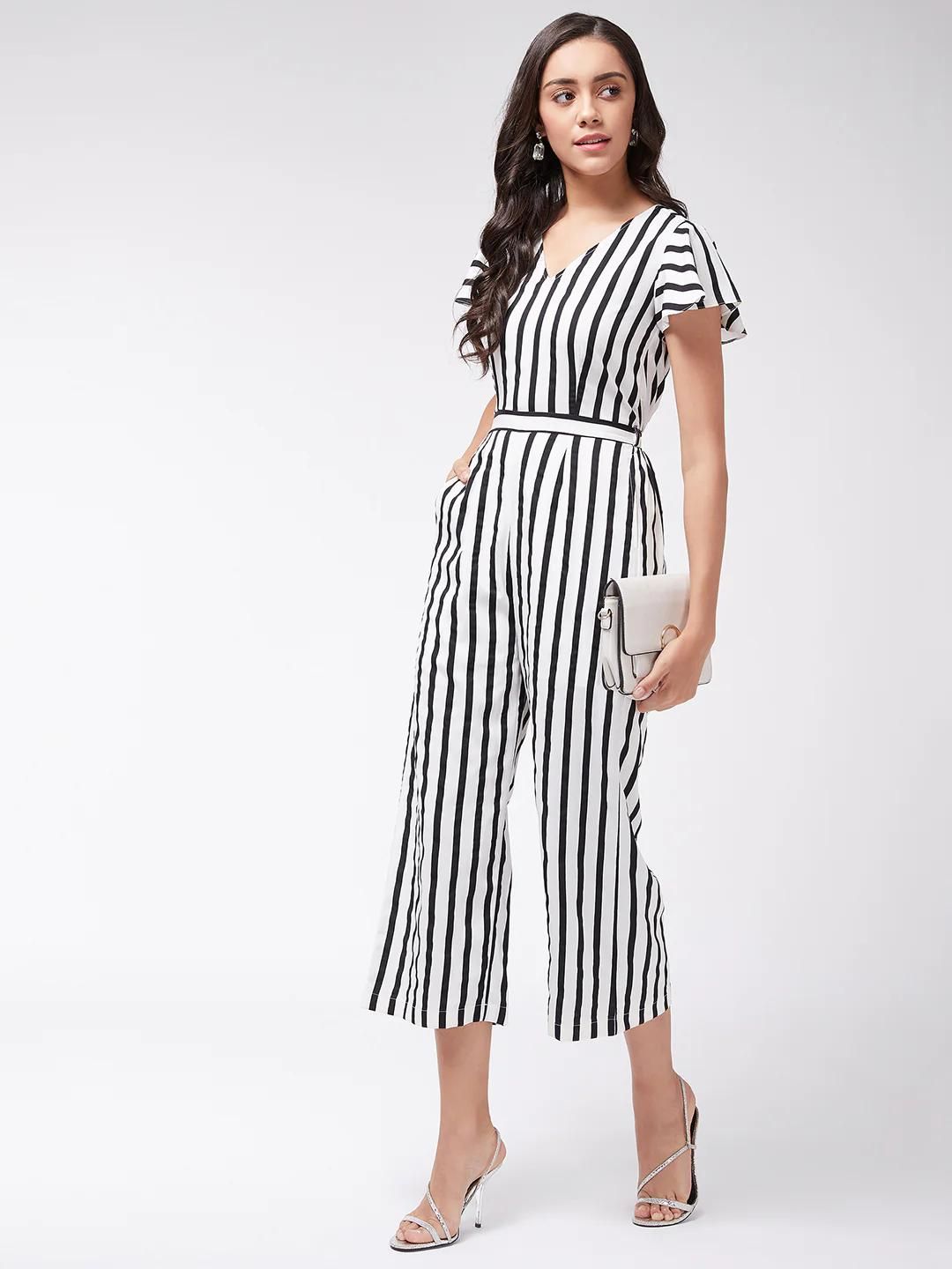 PANNKH Women's Black & White Monocromatic Stripes Jumpsuit