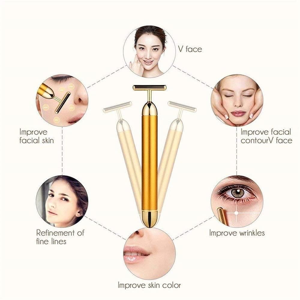 24k Gold Energy Beauty Bar Electric Vibration Facial Massage Roller Waterproof Face Skin Care T-Shaped Anti Wrinkle Massager for Forehead Cheek Neck Clavicle Arm (Gold Colour)