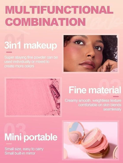 3-in-1 Face Blusher Highlighter with Mini Compact Palette | Travel Friendly Mini Face Blush and Highlighter Palette (SHADE-1)