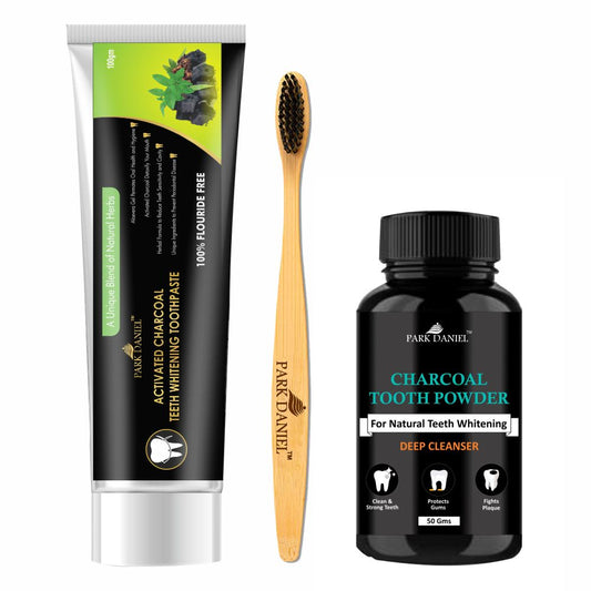 Park Daniel Natural Bamboo Wooden ECO Friendly Charcoal Toothbrush with Soft Medium Bristles (01 Pc.) &amp; Activated Charcoal Teeth Whitening Toothpaste (100gm) &amp; Activated Charcoal Tooth Powder (50gms)