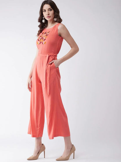 PANNKH Coral Embroidered Sleeveless Jumpsuit