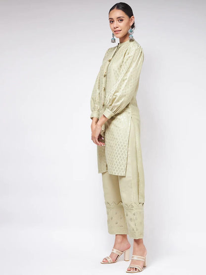 PANNKH Pista Festive Foil Printed Shirt Style Kurta With High-Low Hemline