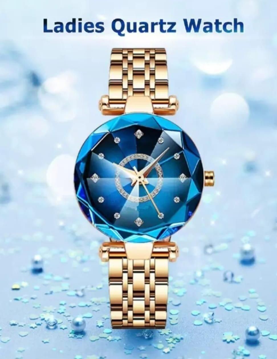 Diamond Shape Blue Dial and Rose Gold Strap Watch for Women and Girls