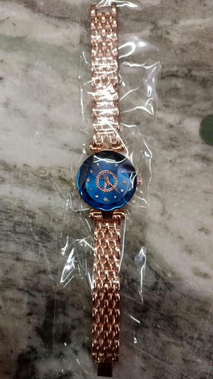 Diamond Shape Blue Dial and Rose Gold Strap Watch for Women and Girls