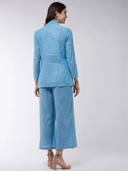 PANNKH Blue Chambray Long Blazer And Pant Set