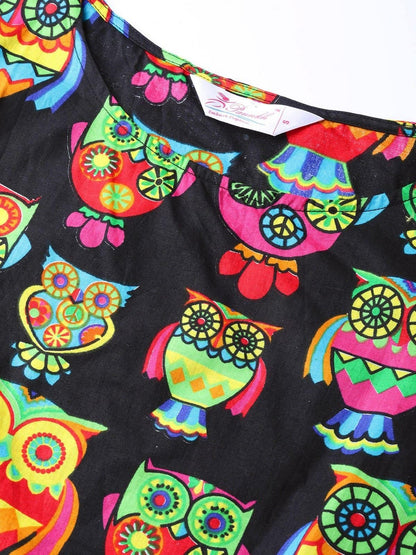 PANNKH Black Owl Print Top