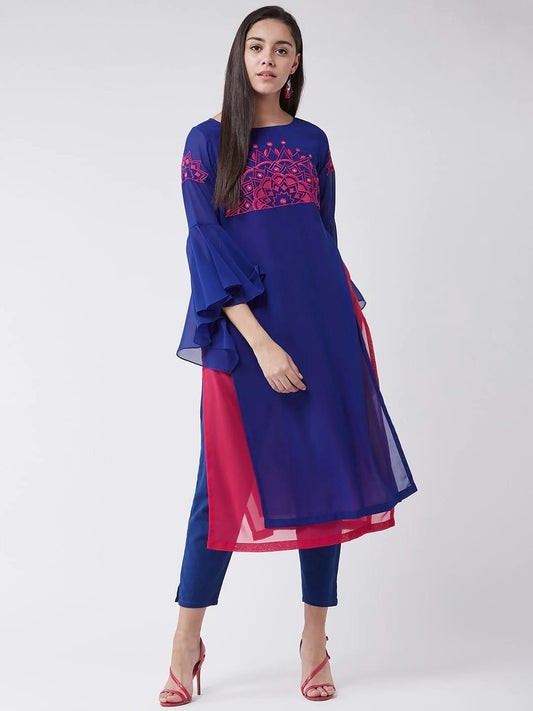 PANNKH Royal Blue Yoke Embroidered Layered Kurta With Bell Sleeves