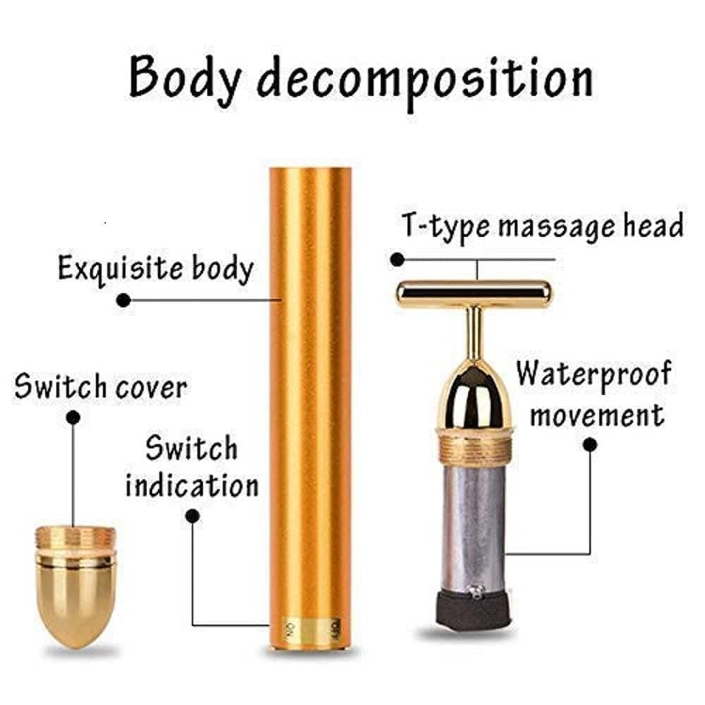 24k Gold Energy Beauty Bar Electric Vibration Facial Massage Roller Waterproof Face Skin Care T-Shaped Anti Wrinkle Massager for Forehead Cheek Neck Clavicle Arm (Gold Colour)