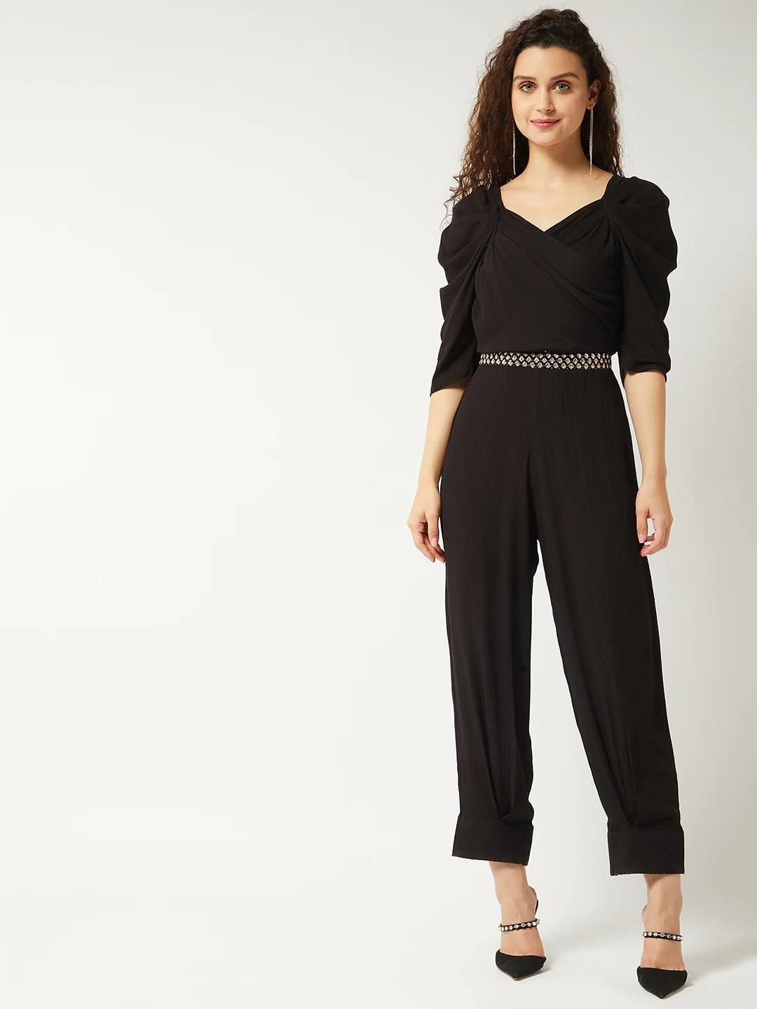 PANNKH Black Solid Ruffle Sleeves Stylish Jumpsuit