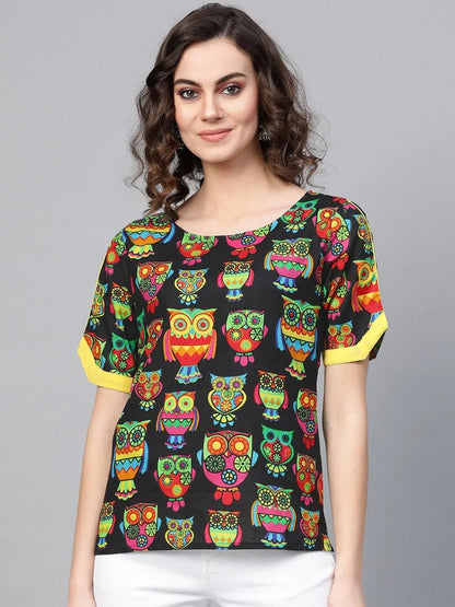 PANNKH Black Owl Print Top