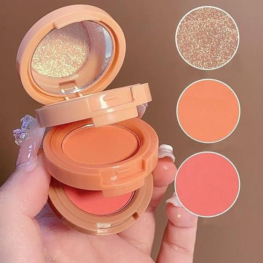 3-in-1 Face Blusher Highlighter with Mini Compact Palette | Travel Friendly Mini Face Blush and Highlighter Palette (SHADE-1)