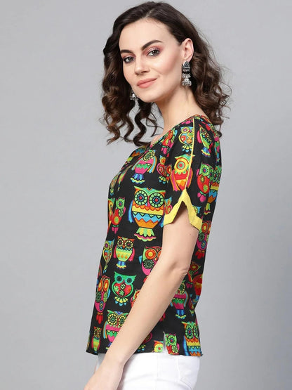 PANNKH Black Owl Print Top