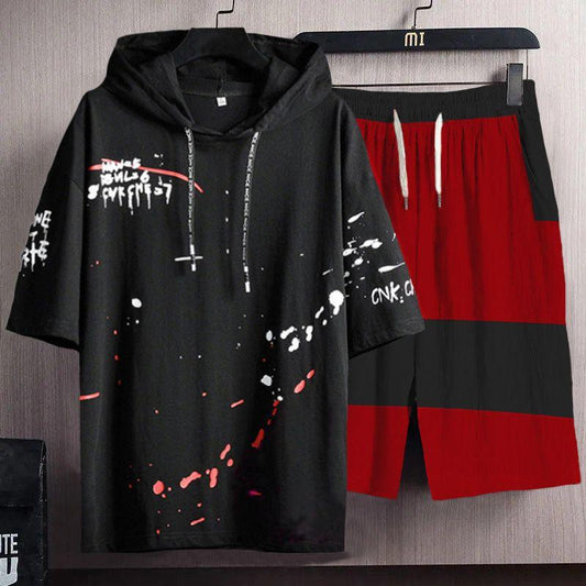 Cotton Blend Solid With Printed Half Sleeves Co-ord Set For Men