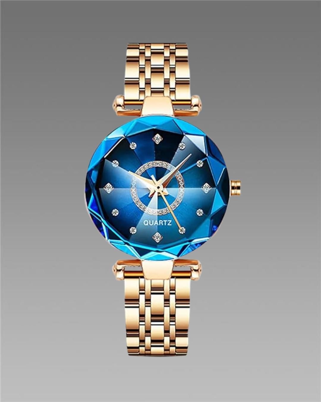 Diamond Shape Blue Dial and Rose Gold Strap Watch for Women and Girls