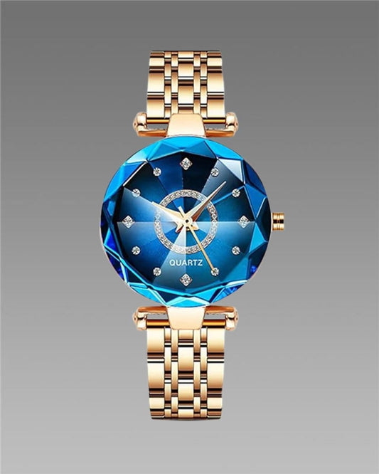 Diamond Shape Blue Dial and Rose Gold Strap Watch for Women and Girls