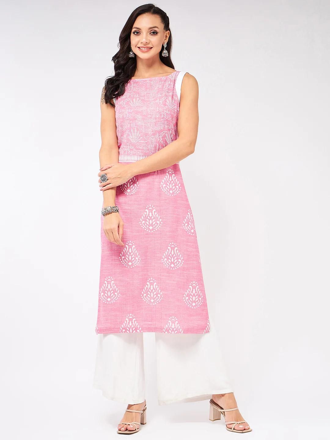 PANNKH Sleeveless Printed Chambray Pink Kurta