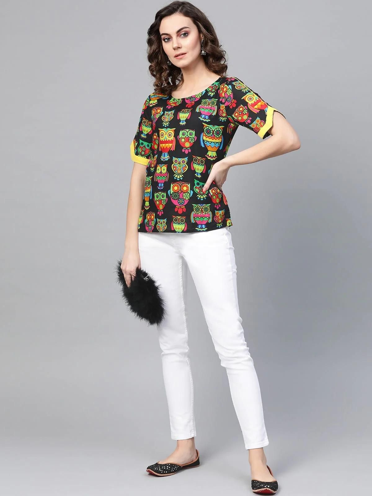 PANNKH Black Owl Print Top