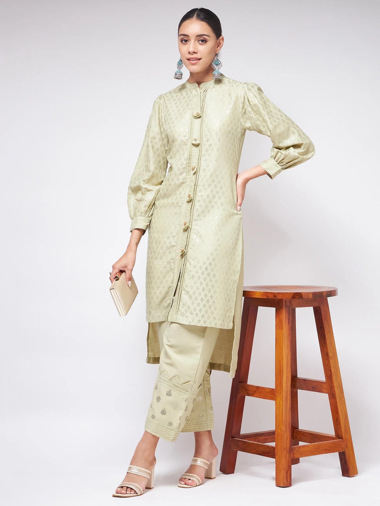 PANNKH Pista Festive Foil Printed Shirt Style Kurta With High-Low Hemline