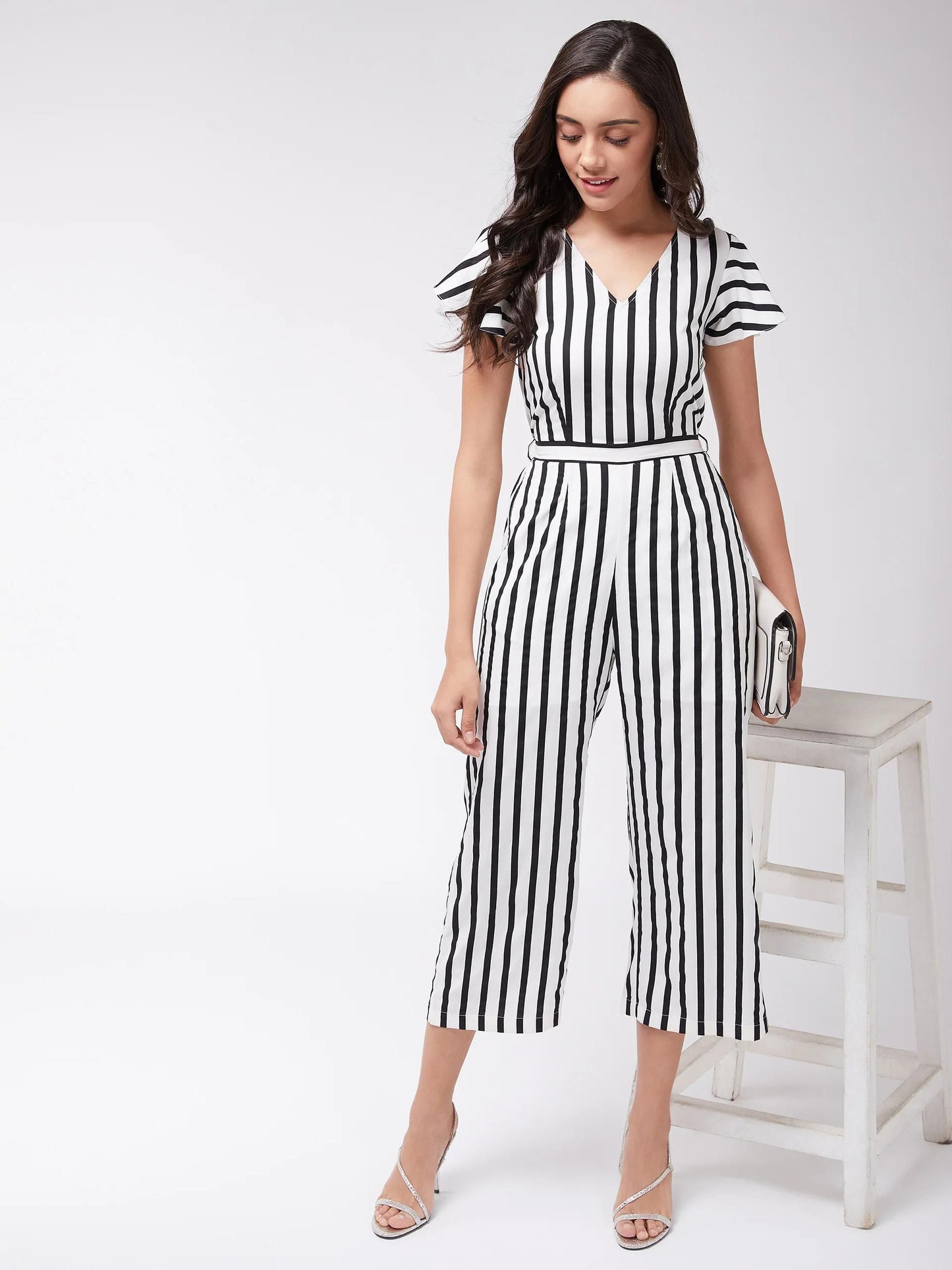 PANNKH Women's Black & White Monocromatic Stripes Jumpsuit