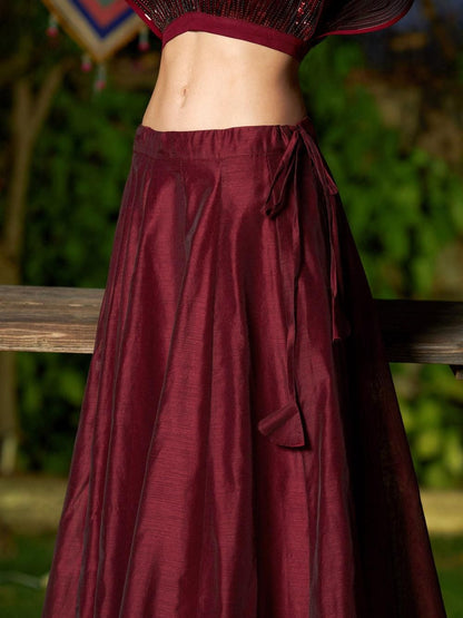 Sassafras Women's Maroon Mesh Metallic Detail Top with Long Skirt