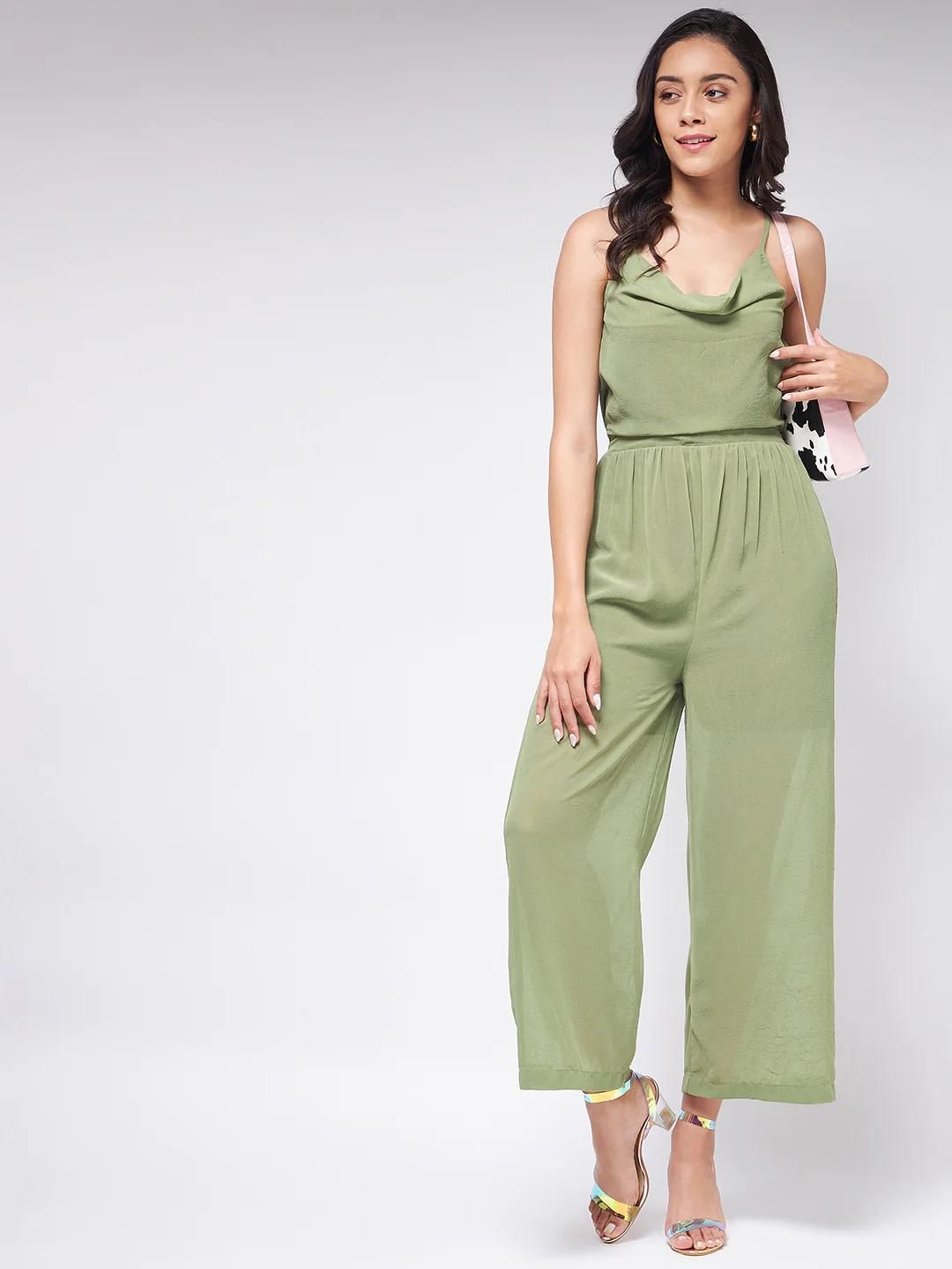 PANNKH Flaunt Yourself With Solid Green Cowl Neckline Jumpsuit