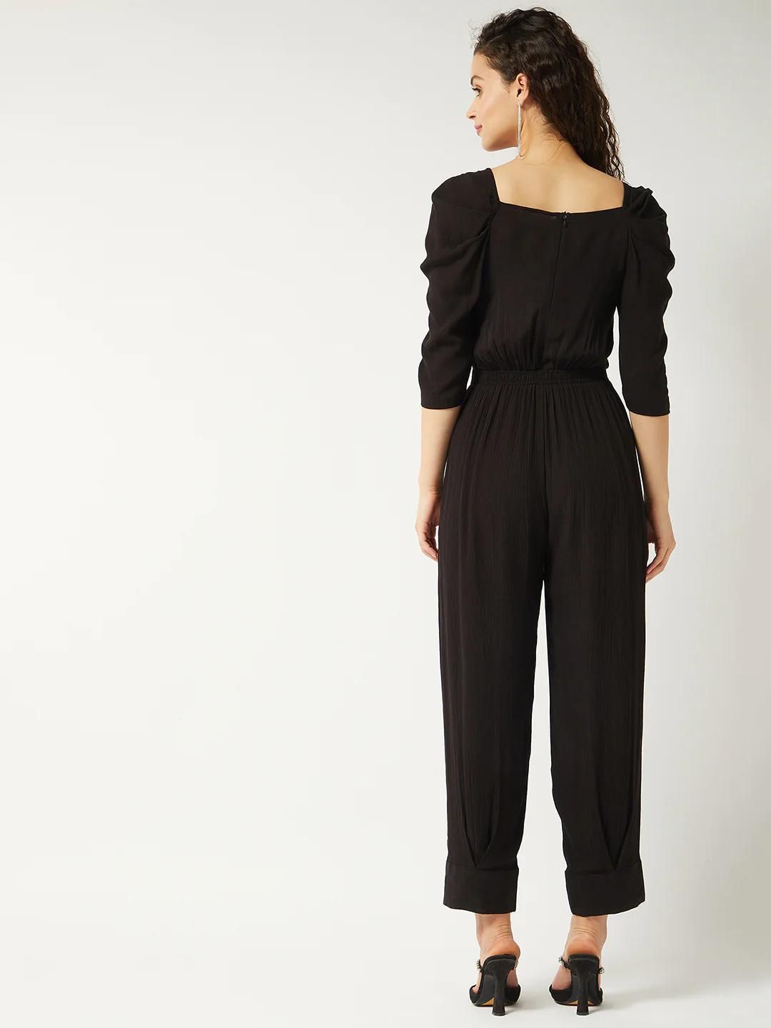 PANNKH Black Solid Ruffle Sleeves Stylish Jumpsuit