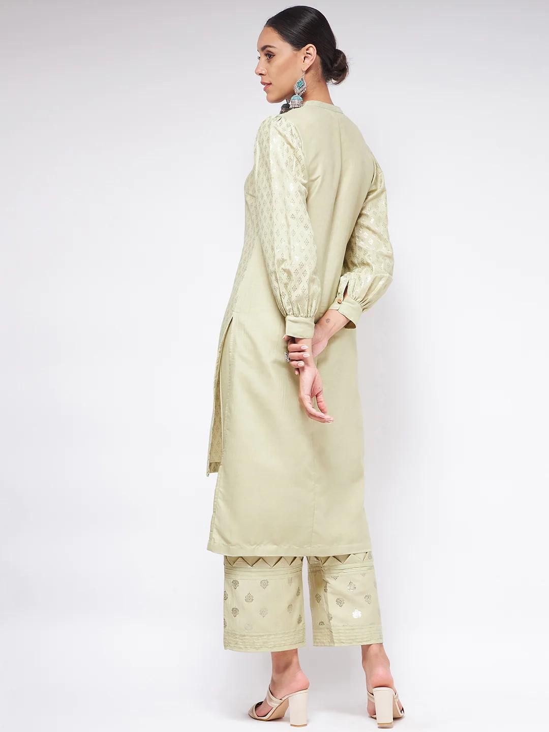 PANNKH Pista Festive Foil Printed Shirt Style Kurta With High-Low Hemline