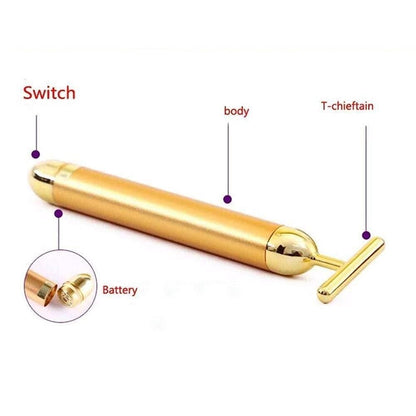 24k Gold Energy Beauty Bar Electric Vibration Facial Massage Roller Waterproof Face Skin Care T-Shaped Anti Wrinkle Massager for Forehead Cheek Neck Clavicle Arm (Gold Colour)