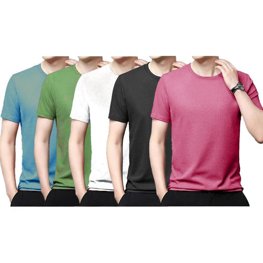 Polyester Stretchable Solid Half Sleeves Men's Round Neck T-Shirt Pack Of 5