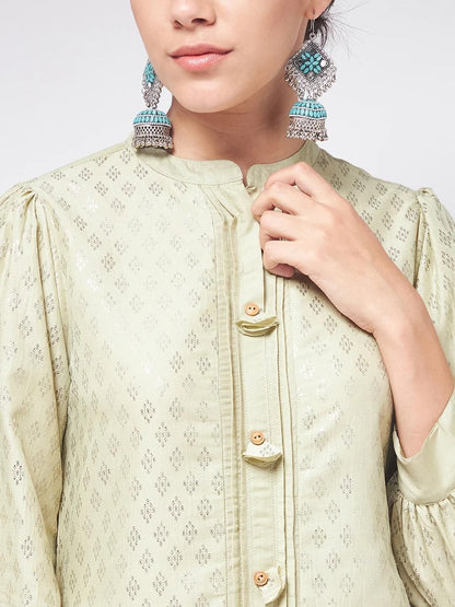 PANNKH Pista Festive Foil Printed Shirt Style Kurta With High-Low Hemline