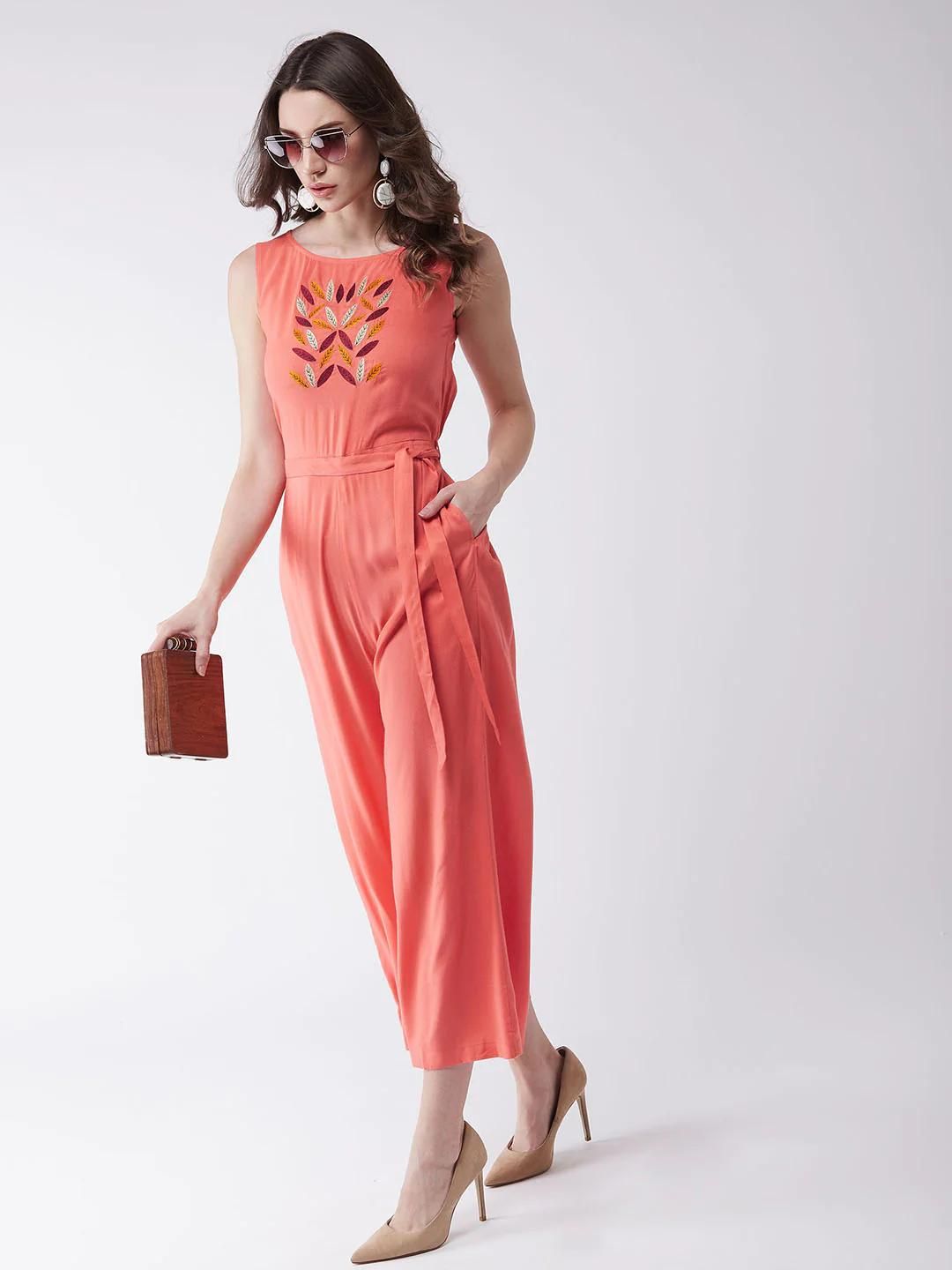 PANNKH Coral Embroidered Sleeveless Jumpsuit