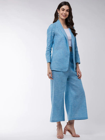 PANNKH Blue Chambray Long Blazer And Pant Set