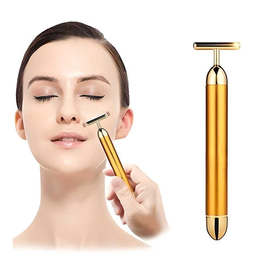 24k Gold Energy Beauty Bar Electric Vibration Facial Massage Roller Waterproof Face Skin Care T-Shaped Anti Wrinkle Massager for Forehead Cheek Neck Clavicle Arm (Gold Colour)