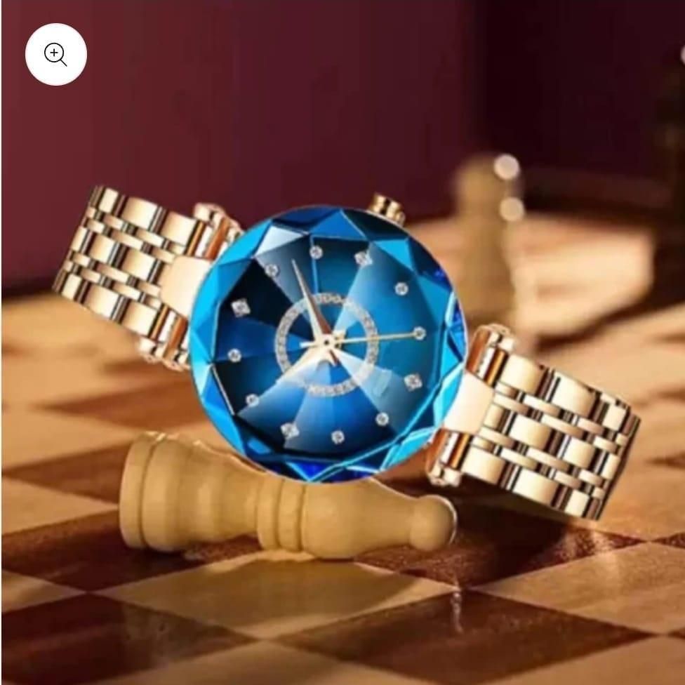 Diamond Shape Blue Dial and Rose Gold Strap Watch for Women and Girls