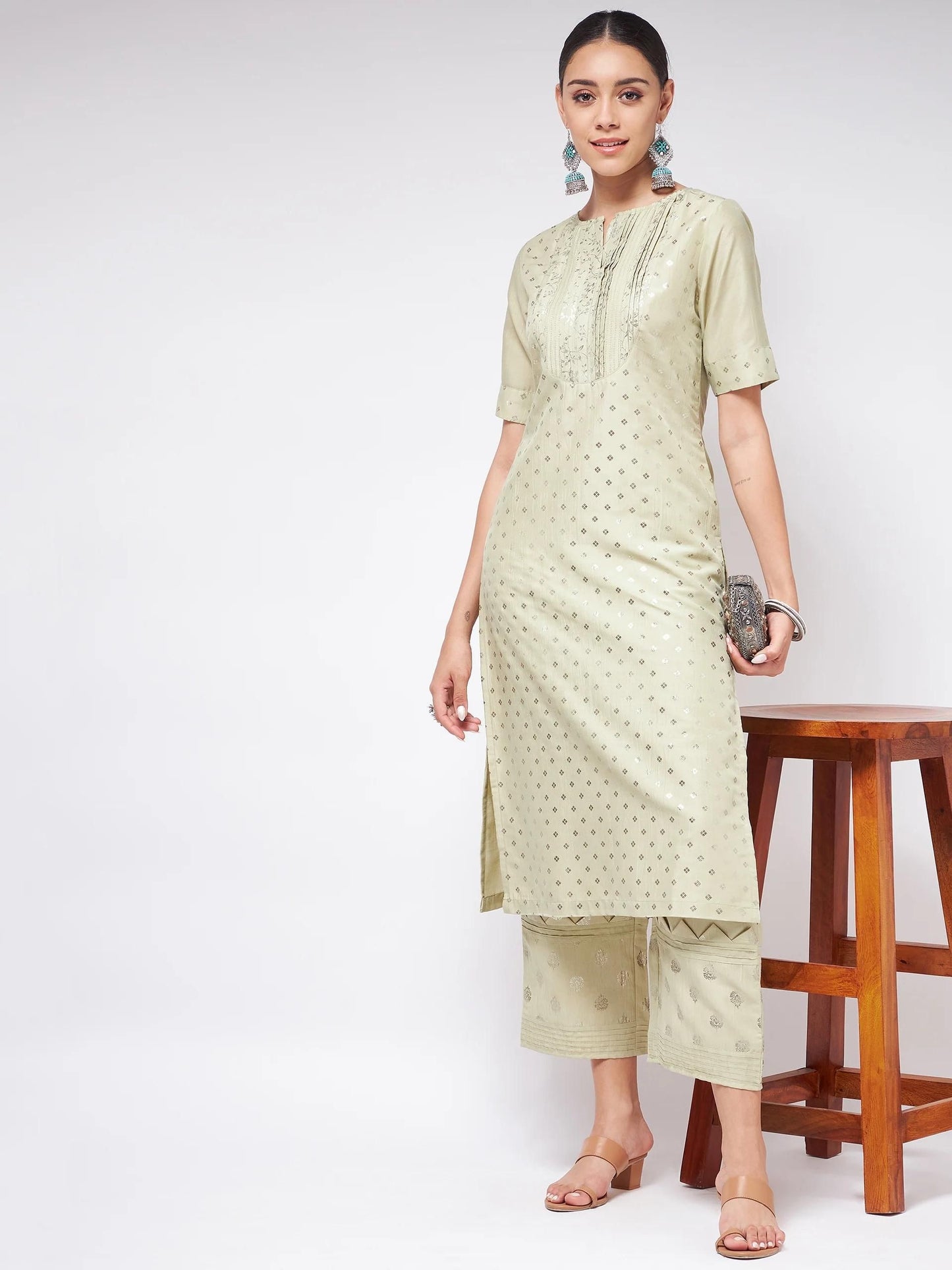 PANNKH Pista Festive Foil Printed Straight-Fit Kurta