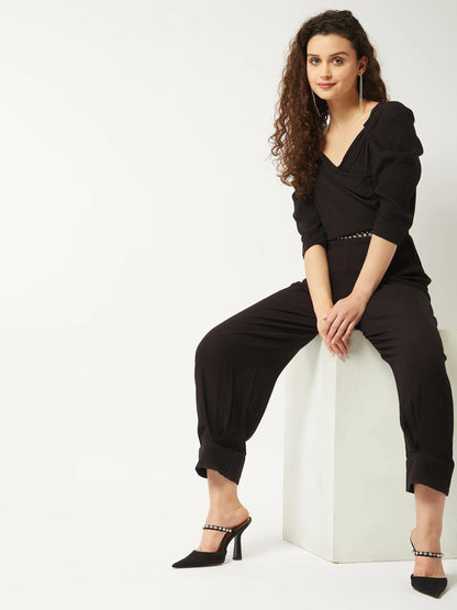 PANNKH Black Solid Ruffle Sleeves Stylish Jumpsuit