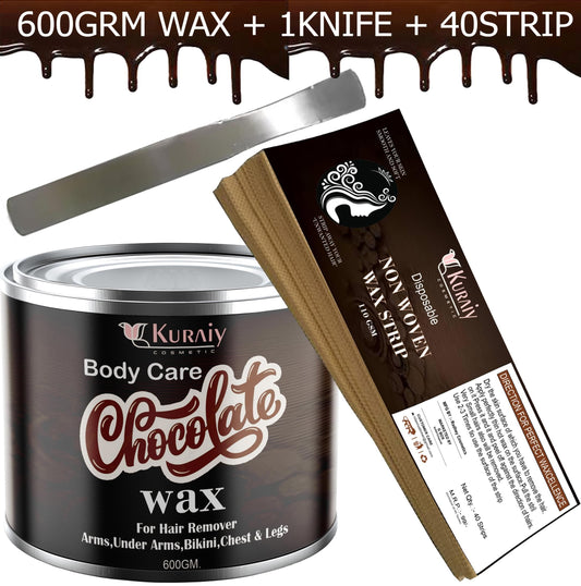 KURAIY Detan Chocolate Wax for Smooth Hair Removal - 600gm chocolate extracts + 40 Wax Strips +1 Steel Knife | For all skin types | Removes Tan, Dead Skin | For Arms, Legs and Full body