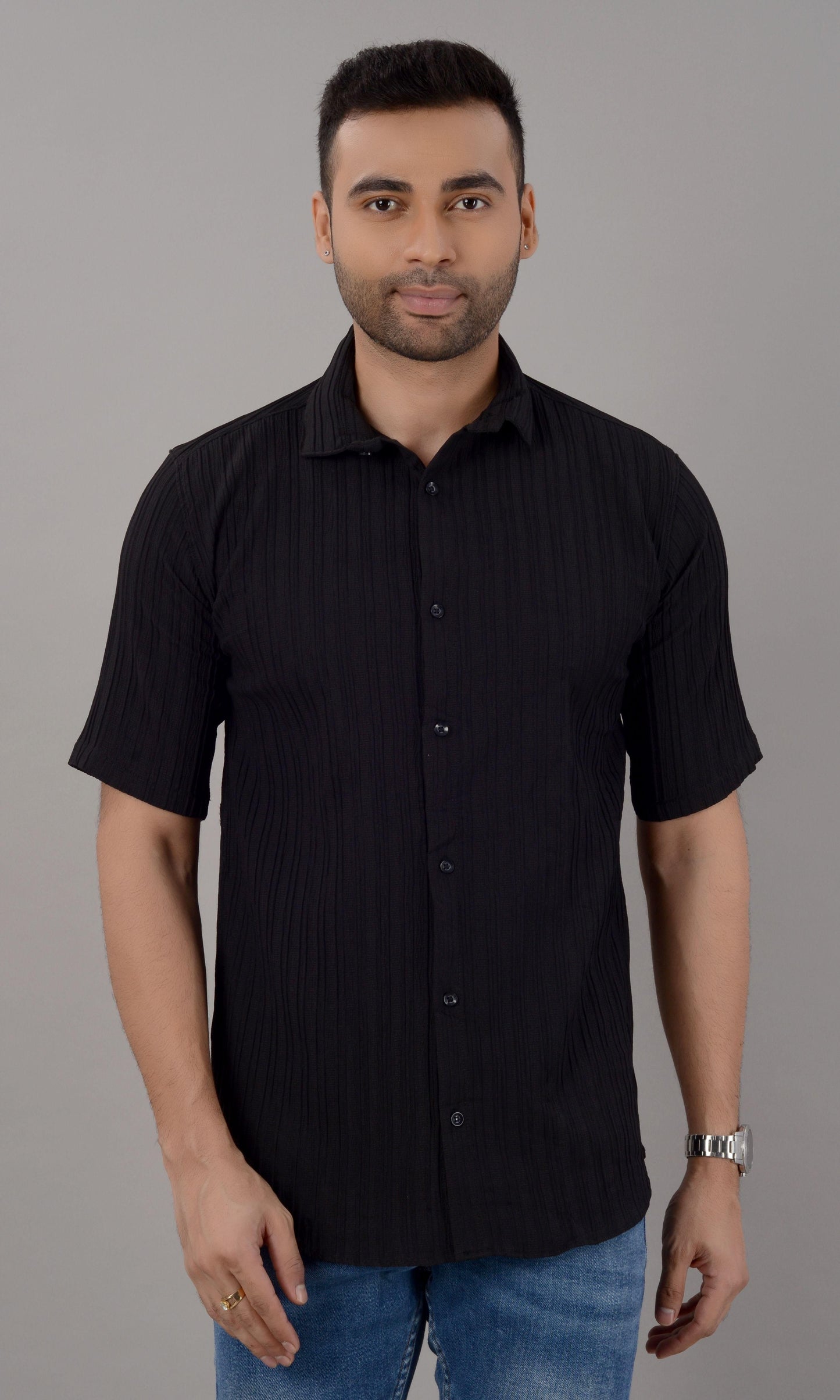 Villain Black Popcorn Half Sleeves Shirt For Men