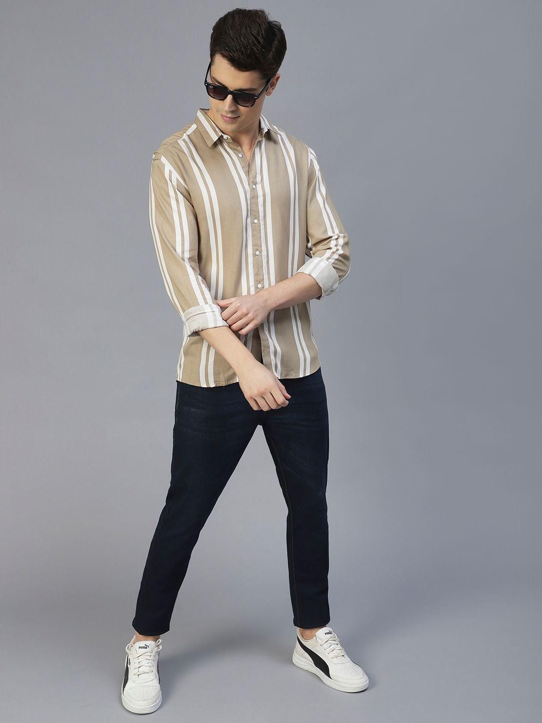 Rigo Men Beige Vertical Stripes Full Sleeves Shirt