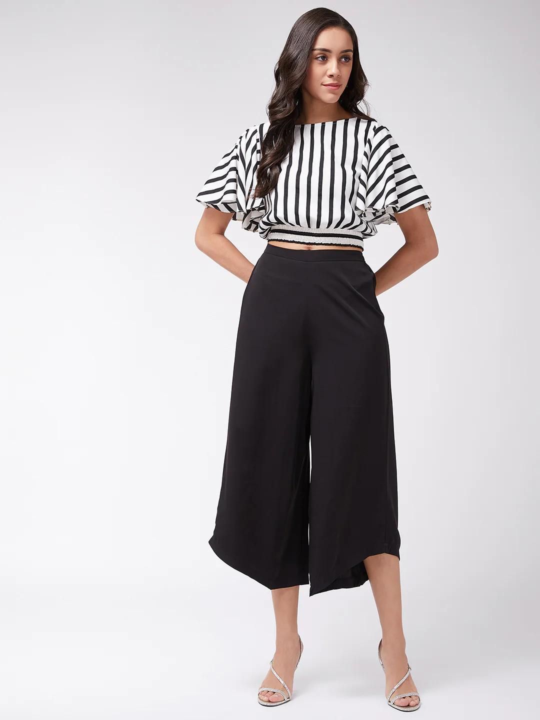 Pannkh Monocromatic Stripes Crop Top With Solid Pants