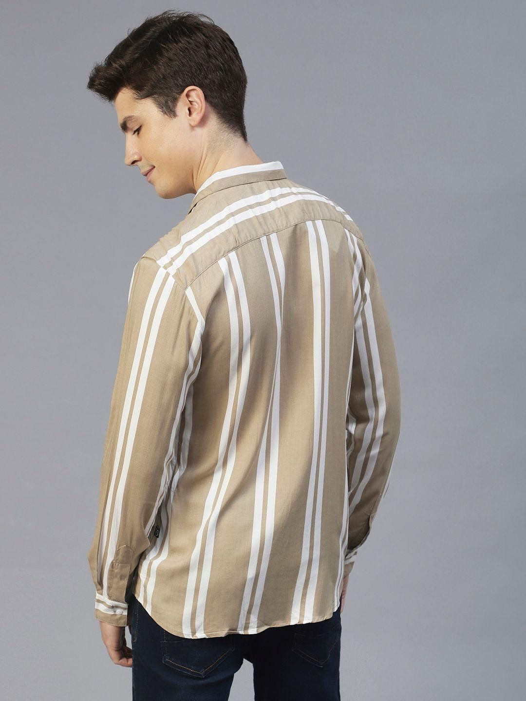 Rigo Men Beige Vertical Stripes Full Sleeves Shirt