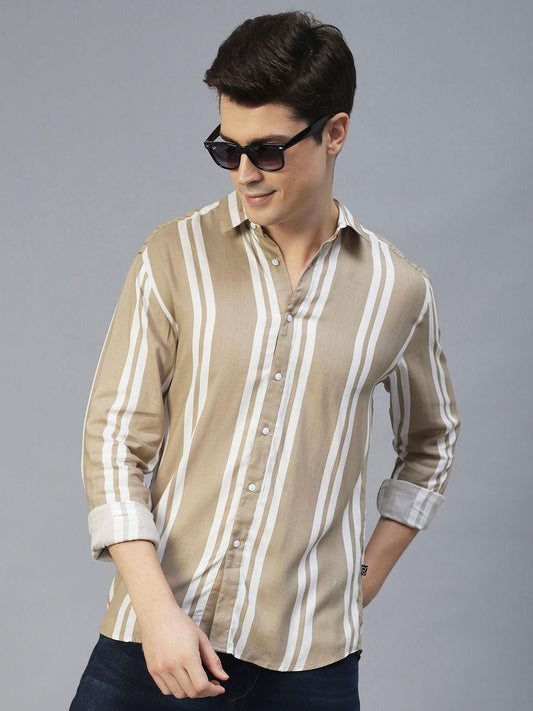 Rigo Men Beige Vertical Stripes Full Sleeves Shirt