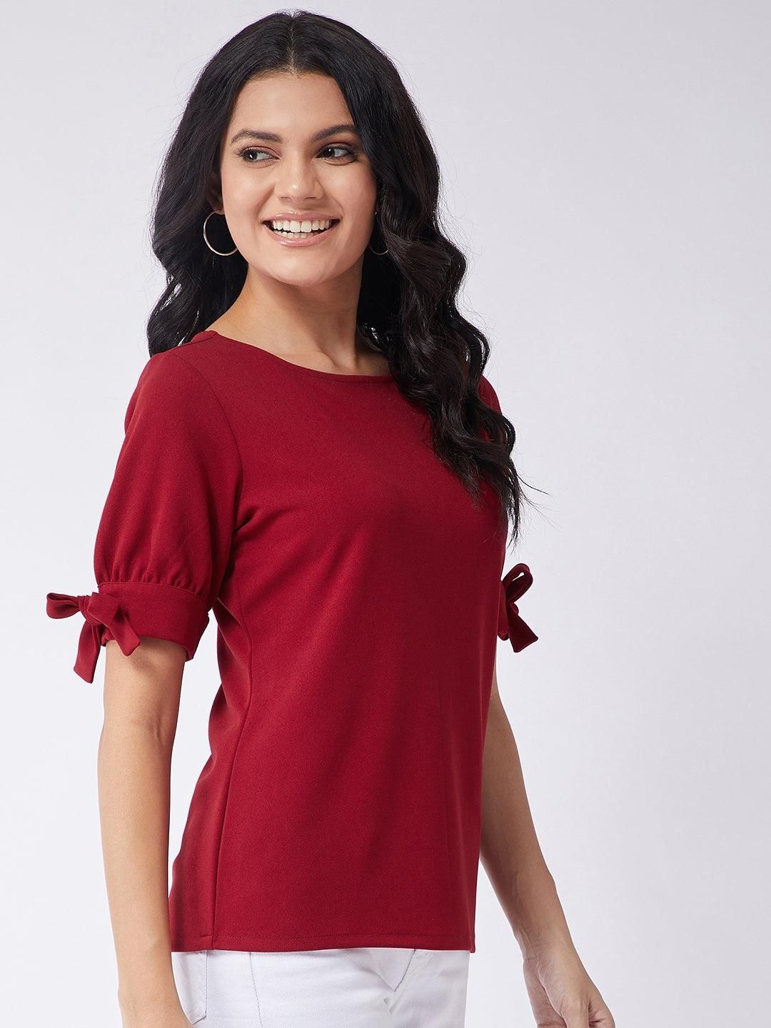 Women's Solid Top With Tie-Up Sleeves